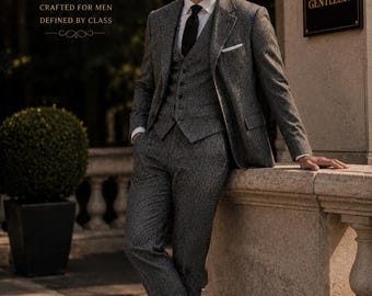 Men's Grey Herringbone Tweed 3 Piece Suit, Custom Tailored Wedding Attire