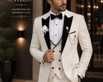 Men's White Tuxedo Suit, Custom Tailored Black Peak Lapel 3-Piece Formal Wear