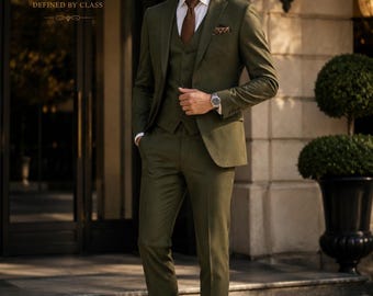 Olive Green 3 Piece Custom Tailored Suit, Groom Wedding Business Formal Menswear