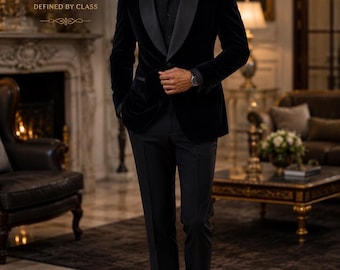 Men's Black Velvet Tuxedo Suit, Custom Tailored Dinner Jacket, Shawl Lapel, Formal Evening Wear