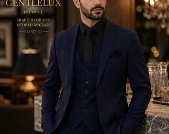 Men's Navy Blue Custom Tailored 3 Piece Slim Fit Suit, Wedding Groom Formal Wear