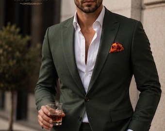 Men's Olive Green Custom Tailored 2 Piece Suit, Slim Fit Formal Business Wedding