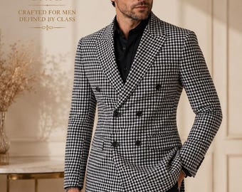 Men's Houndstooth Double Breasted Blazer, Custom Tailored Check Sport Coat