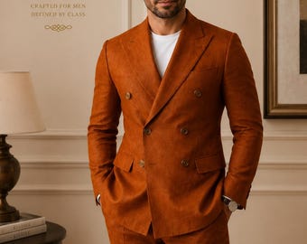 Men's Rust Orange Linen Double Breasted Suit | Custom Tailored Wedding Attire