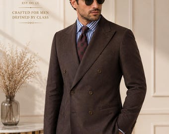 Men's Brown Double Breasted Linen Suit, Custom Tailored 2 Piece, Summer Wedding Formal Wear