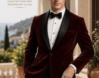 Men's Burgundy Velvet Tuxedo Blazer, Custom Tailored Dinner Jacket, Black Tie Wedding Attire