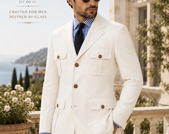 Men's White Linen Safari Suit, Custom Tailored 2 Piece Summer Wedding Outfit