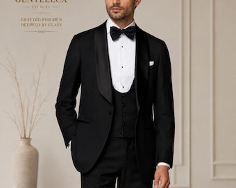 Men's Black Tuxedo 3 Piece Suit, Shawl Lapel, Formal Wedding Dinner Jacket