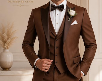 Men's Brown 3 Piece Suit, Custom Tailored Wedding Groom Formal Business Wear