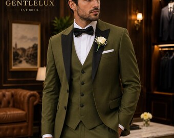 Traje de esmoquin de 3 piezas para hombre, color verde oliva, solapa de chal negra, corte ajustado.