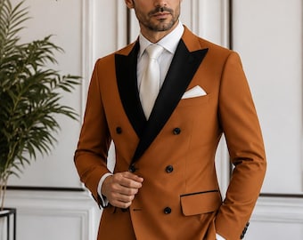 Men's Burnt Orange Double Breasted Tuxedo Suit | 2 Piece Dinner Jacket Groom Wedding Suit