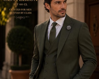Men's Olive Green 3 Piece Custom Tailored Suit, Wedding Groom Attire