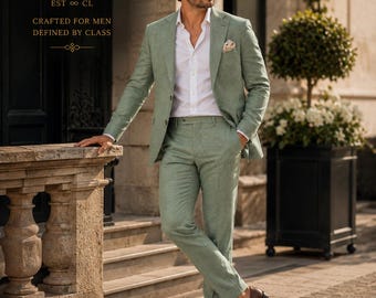 Men's Sage Green Linen 2 Piece Suit, Tailored Summer Wedding Attire