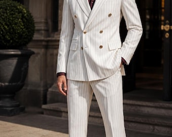 Men's White Pinstripe Double Breasted Suit, Custom Tailored Vintage Groom Attire
