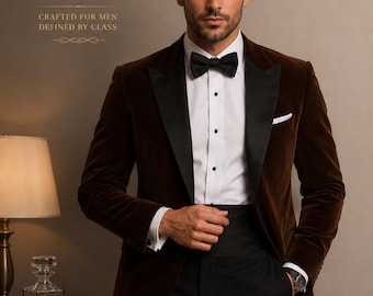 Men's Brown Velvet Dinner Jacket, Custom Tailored Tuxedo, Black Trousers, Black Tie Outfit