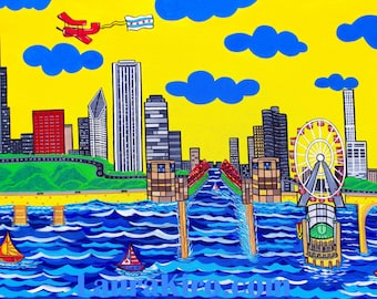 May include: A colorful painting of the Chicago skyline with a red airplane flying overhead. The painting features a Ferris wheel, a river, and several boats. The sky is yellow with blue clouds.
