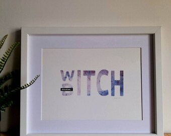 Mature Content, A4 Gelliprint Papercut Slogan Art, Witch B*itch, blue and Purple, No Frame, No Mount