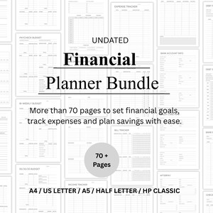 Puede incluir: Un conjunto de páginas de planificador financiero sin fecha en blanco y negro. El título "Financial Planner Bundle" se muestra de forma destacada. El paquete incluye más de 70 páginas para establecer metas financieras, realizar un seguimiento de los gastos y planificar el ahorro. Disponible en A4, US Letter, A5 y HP Classic.