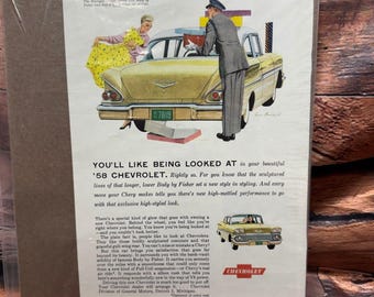 Chevrolet 1958 Biscayne Print Ad Vintage Original Magazine Advertisement Yellow