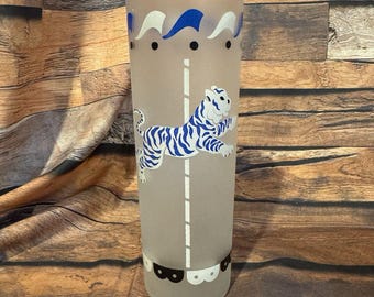 Vtg Libbey MCM Frosted Carousel Circus Blue Tiger Highball Glass 1950s Drinkware