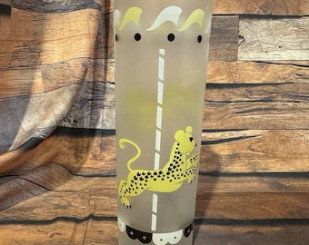 Vintage Libbey Frosted Tom Collins Glass Carousel Yellow Leopard MCM Barware