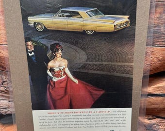 1963 Cadillac Vintage Magazine Print Ad Luxury Gold Sedan Art