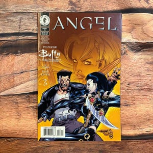 May include: A comic book cover for "Angel" featuring "Buffy the Vampire Slayer." The cover art depicts three characters in action, with a woman holding a knife. The title is in large, bold letters, with the Dark Horse Comics logo in the upper left corner.