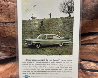 1959 Chevrolet Biscayne 2 Door Sedan Model Outdoor Scene Color Print Ad