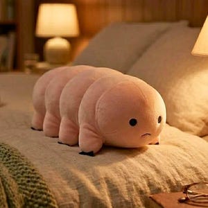 Puede incluir: Un peluche rosa con forma de oruga con una expresi&oacute;n triste. El juguete de peluche tiene cuatro pares de patas peque&ntilde;as y ojos negros. Descansa sobre una cama, con una manta verde y una l&aacute;mpara c&aacute;lida en el fondo.