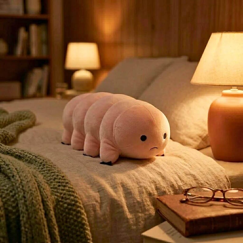 Puede incluir: Un peluche rosa con forma de oruga con una expresi&oacute;n triste. El juguete de peluche tiene cuatro pares de patas peque&ntilde;as y ojos negros. Descansa sobre una cama, con una manta verde y una l&aacute;mpara c&aacute;lida en el fondo.