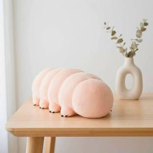 Puede incluir: Un coj&iacute;n suave en forma de oruga rosa con pies negros descansa sobre una mesa de madera clara. Los segmentos redondeados del coj&iacute;n crean un dise&ntilde;o caprichoso. Un jarr&oacute;n blanco con un recorte &uacute;nico y follaje seco est&aacute; en el fondo.