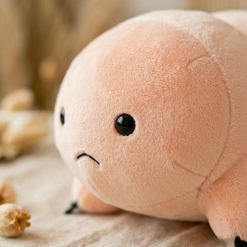 Puede incluir: Un peluche de color melocot&oacute;n claro con una expresi&oacute;n triste. El juguete tiene dos ojos negros y una boca cosida y curvada. El peluche est&aacute; hecho de un material difuso.