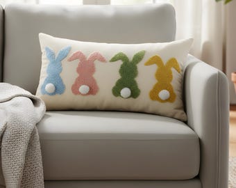 Pastel Rabbit Embroidered Pillow Case - Long Lumbar Cushion for Easter Home Decor