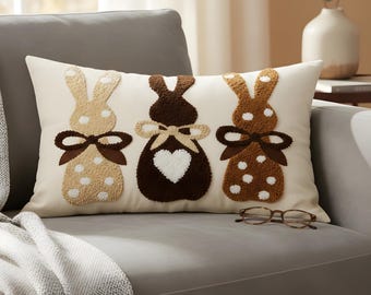 Embroidered Easter Bunny Pillow Case - Tufted Rabbit Spring Lumbar Cushion