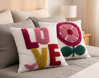 Embroidered Love Pillow Case - Romantic Textured Throw Accent for Sofa or Bed Decor