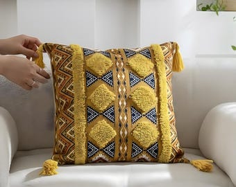 Boho Tufted Pillow Cover - Geometric Tassel Pillow Case for Sofa Bed Decor