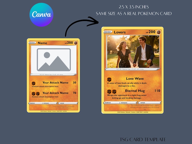 Op de afbeelding: Twee aangepaste Pok&eacute;mon-kaart sjablonen. E&eacute;n kaart heeft een placeholder afbeelding en tekstvelden. De andere kaart toont een stel en de tekst "Lovers". Beide kaarten zijn 6,35 cm x 8,89 cm, dezelfde grootte als een echte Pok&eacute;mon-kaart.