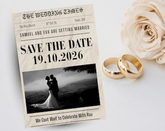 Mall för tidning med "Spara datumet", redigerbar canvasduk för bröllop, anpassad design för första dejten, brudmall, förlovningskort, spara din första dejt.