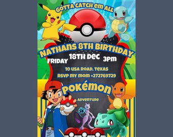 Redigerbar Pokémon-födelsedagsinbjudan, Pokémon-festinbjudan för barn, rolig tecknad födelsedagsinbjudan, Pikachu-temafest, Pokémon-födelsedagsinbjudan.