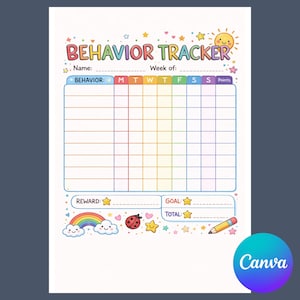 Puede incluir: Un rastreador de comportamiento colorido con las palabras "Behavior Tracker" en la parte superior. El rastreador incluye espacios para el nombre, la semana y una cuadrícula para rastrear el comportamiento. Los elementos decorativos incluyen un arcoíris, un sol y estrellas.