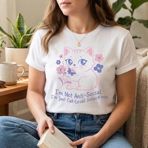 Floral Cat T-Shirt, Cat-Level Selective Introvert Tee, Pastel Kawaii Kitten Graphic Top
