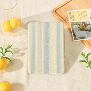 Könnte beinhalten: Eine rechteckige E-Reader-Hülle mit einem vertikalen Streifenmuster in Beige-, Hellblau- und Cremetönen. Das Design umfasst zarte, spitzenartige Bordüren zwischen den Streifen sowie dezente florale Motive, die eine strukturierte Optik erzeugen.
