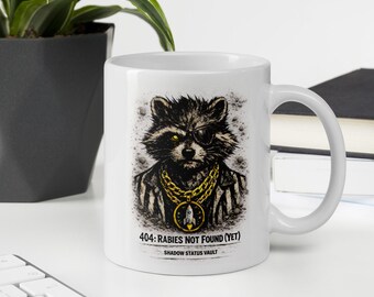 Raccoon graphic white coffee mug – Streetwear lifestyle design | Shadow Status Vault