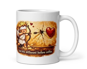 Funny Coffee Mug | Love Hits Different Before Coffee, Cupid Design