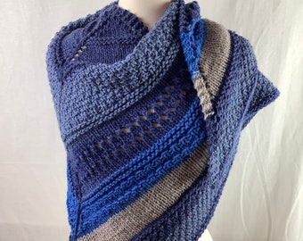 Knit multicolor blue gray shawl, knit wool shawl, handmade shawl