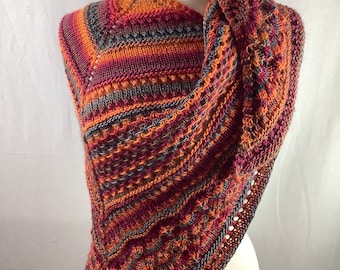 Knit multicolor shawl, red, orange, blue, brown shawl, knit wool shawl, handmade shawl