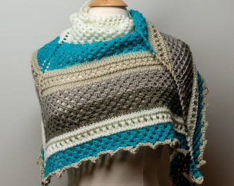 Knit multicolor gray teal shawl, knit wool shawl, handmade shawl