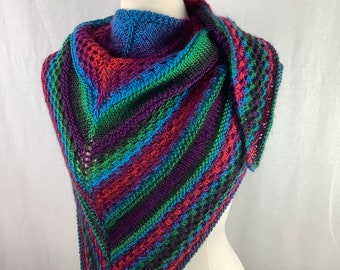 Knit multicolor red, blue, green shawl, knit wool shawl, handmade shawl