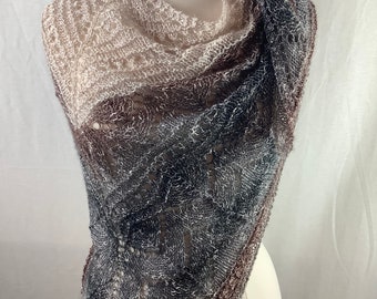 Knit shawl/Gray beige brown silver metallic knit shawl