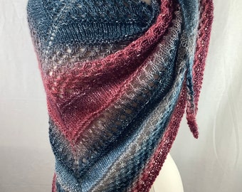 Knit shawl/Red, blue, beige, silver metallic knit shawl